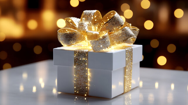 White and Gold gift box, golden ribbon, luxury gift, gold lights, bokeh, blurry background, on a white background, beautiful gift, made with Generative AI	