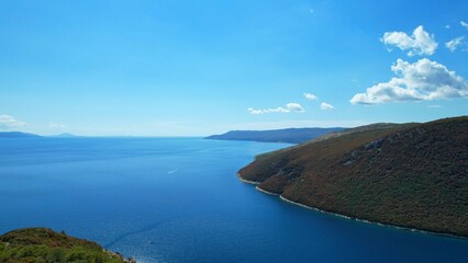Plomin - Croatia - Top viewpoint with an outstanding view of the Kvarner Bay - An aerial drone view of the beautiful Croatian coastal landscape