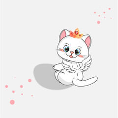 Cute white kitten with crown and  wings white background