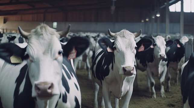 Generative AI image of bustling barn life: Majestic cows roam freely in a vast barn, their collective presence creating a captivating symphony of gentle moos and soothing rustles.
