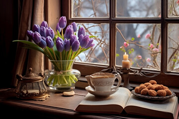 Obraz na płótnie Canvas still life a bouquet of lilac tulips in a vase a mug of tea an old book on the window