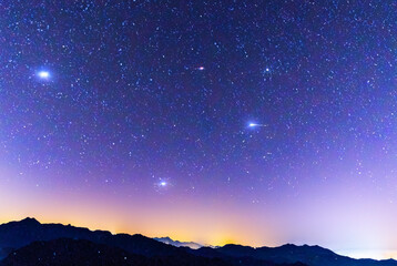 Colorful night sky landscape with starry sky. Mountain blue night sky with bright stars