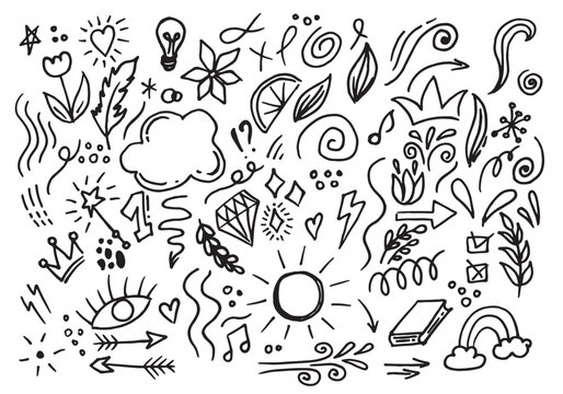 Hand drawn decorative abstract scribble doodle. pointing arrow, outline shapes . Ink signs decoration ornament, line curved arrow, heart and circle sketch isolated vector illustration symbols set