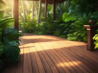 Tropical garden with wooden floor, Generative AI Illustration.