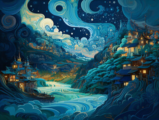 A starry night-style painting of a night scene with a river and houses Generative Ai