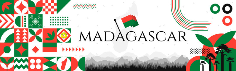 The Madagascar Independence Day abstract banner design with flag and map. Flag color theme geometric pattern retro modern Illustration design. Red and Green color template.