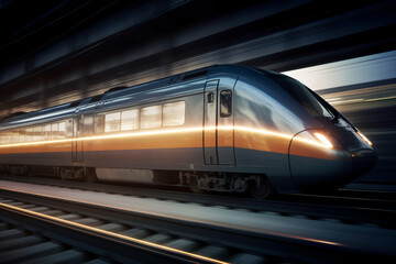 Naklejka premium A silver train traveling through a train station Generative Ai