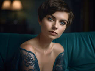 Naklejka premium A woman sitting on top of a green couch with a short pixie hair cut Generative Ai