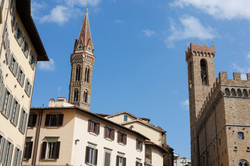 Fototapeta na wymiar Bargello Palace which contains the Museum of the same name containing Renaissance Statues and the Bell Tower in Front