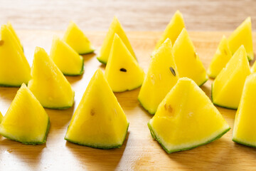 angle view yellow color fresh watermelon