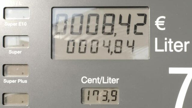 screen with 140 dollars maximum fuel price increase due to inflation, gasoline price counter on display showing gas price on digital display, gas refueling counter in liters and amount in euro liters