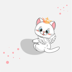 Cute white kitten with crown and wings white background