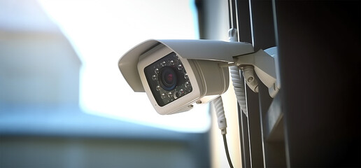 Security camera on building wall close up, city day outdoors