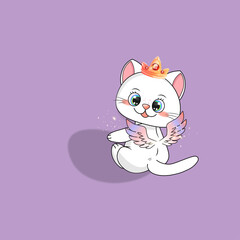 Cute white kitten with crown and shiny wings purple background