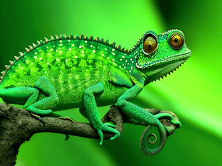Fototapeta premium Green colored chameleon close up. Generative AI Close up of a Cape Dwarf Chameleon on a Rosemary bush