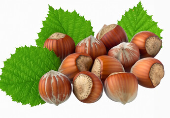 Group of hazelnuts with green leaf isolated on white background. Made with generative ai