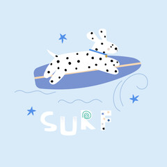 Funny dalmatian on a surfboard. Summer print. Vector hand drawn illustration.