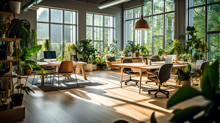 Fototapeta premium Green, ecofriendly and sustainable workspace of a modern company or office. Generative ai.