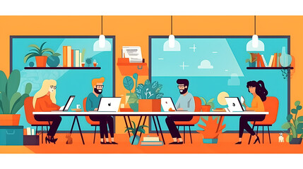 Employees working as a team in an ecofriendly office or workspace. Modern and sustainable work environment. Generative ai.