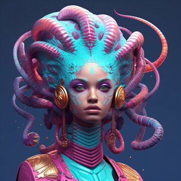 surreal female portrait with crazy alien headdress, fictional person created with generative ai