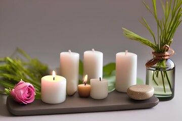 flowers candlestones in vases oil for spa , comfortable and natural - generative ai