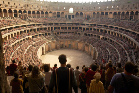 People are standing around in an empty arena in Rome