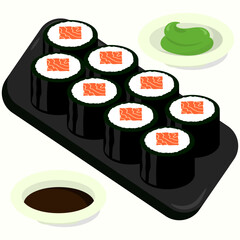 Flat design illustration of salmon sushi roll on a black plate. Perfect use for restaurant menu