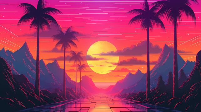 futuristic sunset landscape with palm trees, mountains in retro wave style. Generative AI