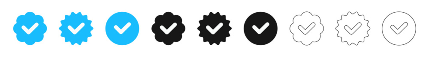 Set of Check Mark Icons: Profile Verification for Facebook, Instagram, TikTok, and Twitter. Social Media Verification Symbols. Vector Illustration. Isolated on White Background