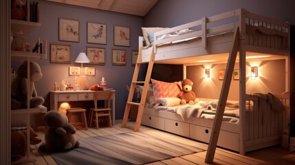 Cute childrens bunk in a bedroom. wide angle lens morning light