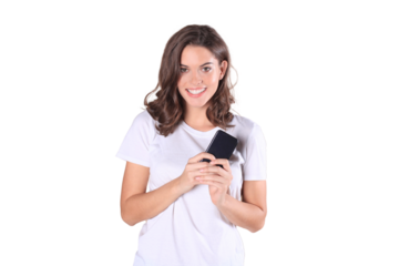 Young woman dressed in basic clothing isolated oon a transparent background, using mobile phone