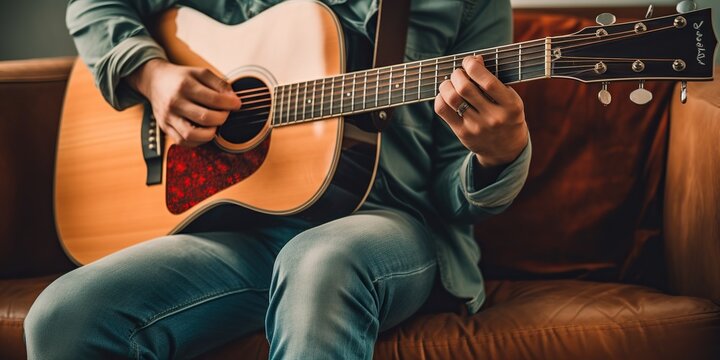 Man in a red shirt and blue jeans sitting on the couch and tuning a guitar , concept of Musical Performance, created with Generative AI technology