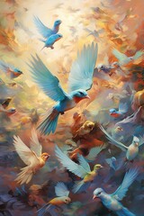 Above, a kaleidoscope of avian life fills the sky, as colorful birds soar and swoop, their wings painting trails of motion against the azure backdrop.
