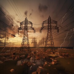 Electrical lines with lightning (ai generated)