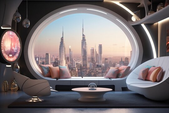 modern living room and futuristic interior design, fictional interior created with generative ai