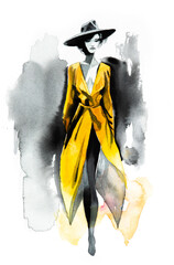 Abstract female fashion model black and yellow portrait, hand drawn watercolor illustration. Young beautiful woman showcases trendy clothes
