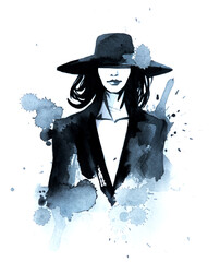 Abstract female fashion model black and white portrait, hand drawn watercolor illustration. Young beautiful woman showcases trendy clothes