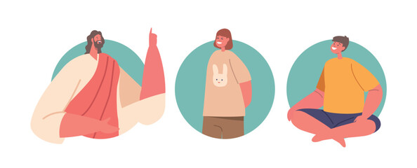 Isolated Round Icons of Jesus Character Captivates Children With His Storytelling, Sharing Wisdom, Love, And Lessons