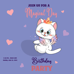 Birthday party invitation. Cute white kitten with crown and shiny wings white background