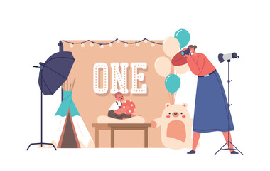 Photographer Character Captures Adorable Moments Of A Precious Baby In A Professional Photo Studio, Creating Memories