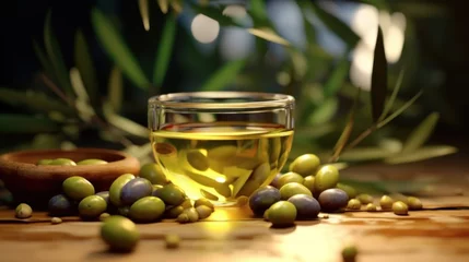 Foto op Plexiglas Olive oil and berries are on the wooden table under the olive tr wide angle lens realistic lighting © sirisakboakaew