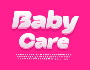 Fototapeta premium Vector cute Sign Baby Care. White 3D Font. Artistic Alphabet Letters, Numbers and Symbols
