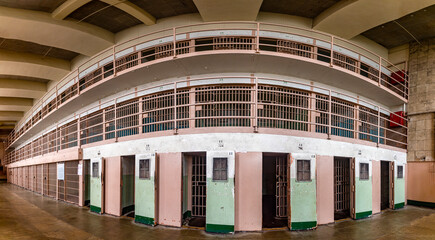 Panoramic view of the maximum security block and module and punishment cells of the Alcatraz...