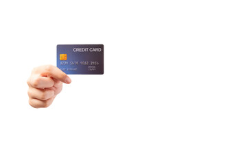 Happy young  woman hand showing credit card with over isolated on white background Customer girl get satisfied of credit card service holding credit card