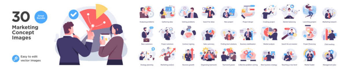 Business Marketing illustrations. Mega set. Collection of scenes with men and women taking part in business activities. Trendy vector style