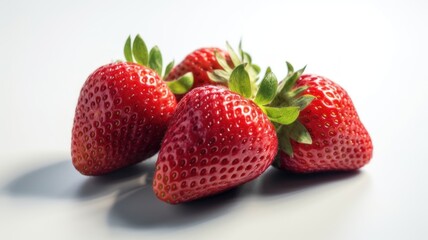  ripe strawberries white background macro lens realistic lighting