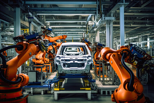 state-of-the-art assembly line in a car factory, AI generative