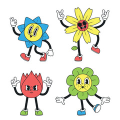 Y2k Flower Characters, Whimsical And Retro-inspired Blossom Personages With Vibrant Colors, Vector Illustration
