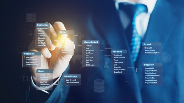 System analyst or businessman drawing relational database tables. Concept of database diagram design, SQL, Database management, Data analysis.