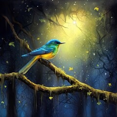 Watercolor Blue Bird sitting on the limb of a Tree